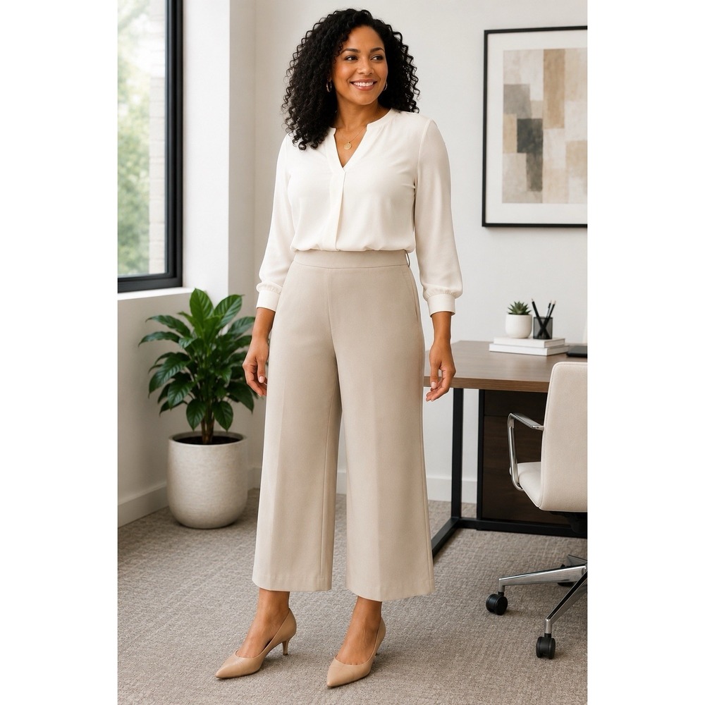J.Jill Stretch Wide Leg Crop Pants Side Zip Beige Size 14‎